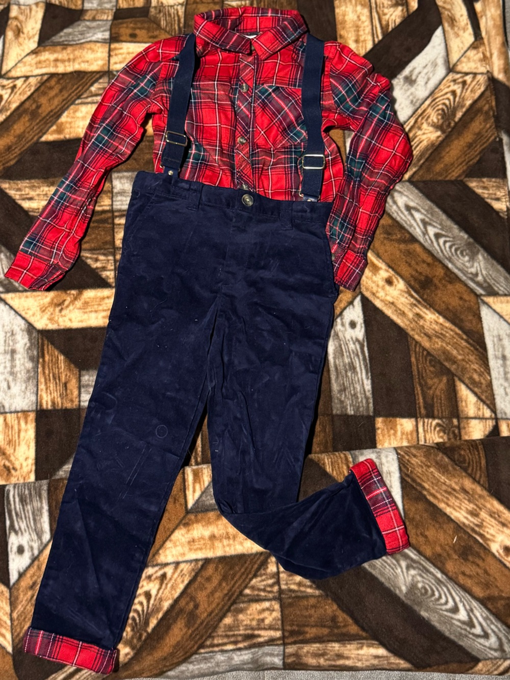 Max Studio Red Plaid Shirt with Navy Corduroy Pants and Suspenders